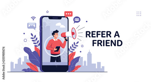 Digital referral program marketing banner showing a man with a megaphone on a smartphone screen to encourage customers to refer a new friend.
