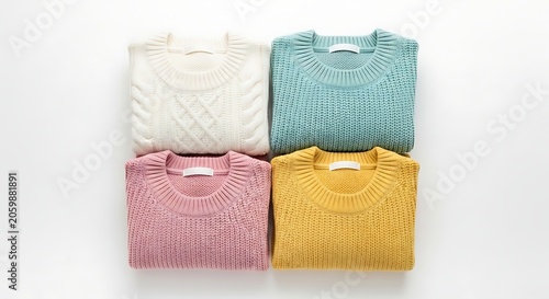 Four folded cozy knit sweaters in white blue pink and yellow colors