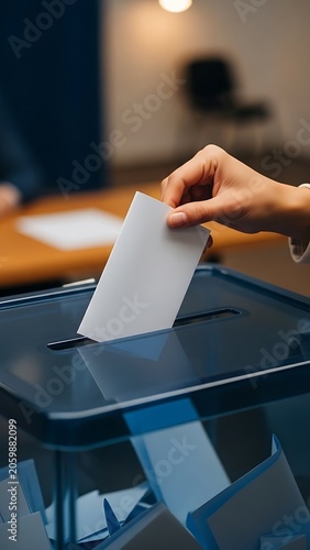 Voter Casting Ballot into Transparent Ballot Box During Election Day.