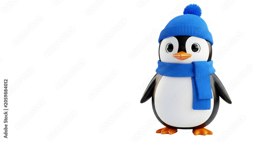 Fototapeta premium Cute penguin wearing a blue winter hat and scarf as isolated object