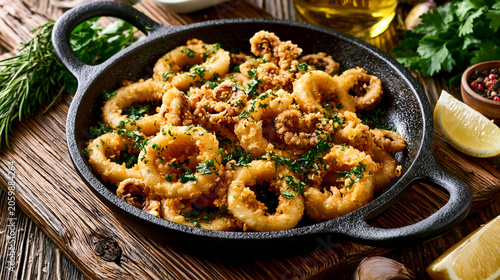 Deliciously crispy fried squid rings with herbs in a rustic setting