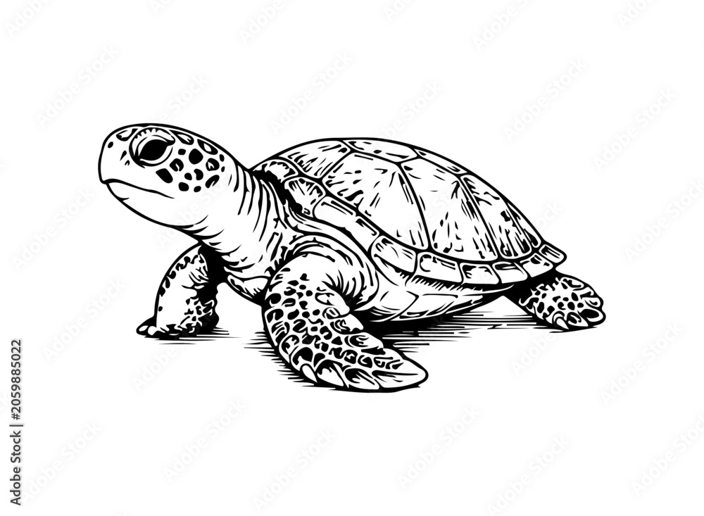 Fototapeta premium Simple hand drawn turtle animal sketch, engraved illustration of tortoise sea turtle clip art