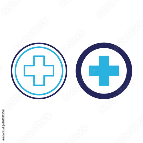 Medical cross icons represent healthcare services and pharmacy branding.