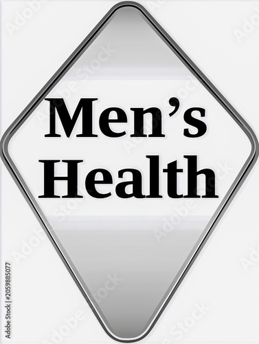 Men's Health sign in a diamond shape with bold black lettering on a reflective silver background, suitable for health-related themes and discussions
