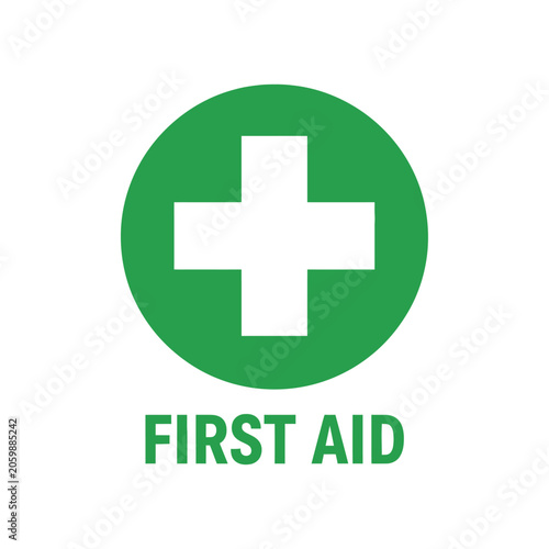 First aid symbol indicates medical emergency assistance and health safety.