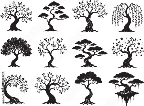 Silhouettes of giraffes in various poses against floral backgrounds