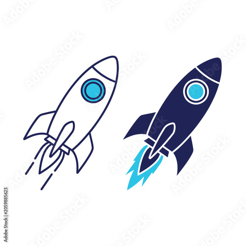 Rocket ship icon set shows a futuristic transport concept in flight.