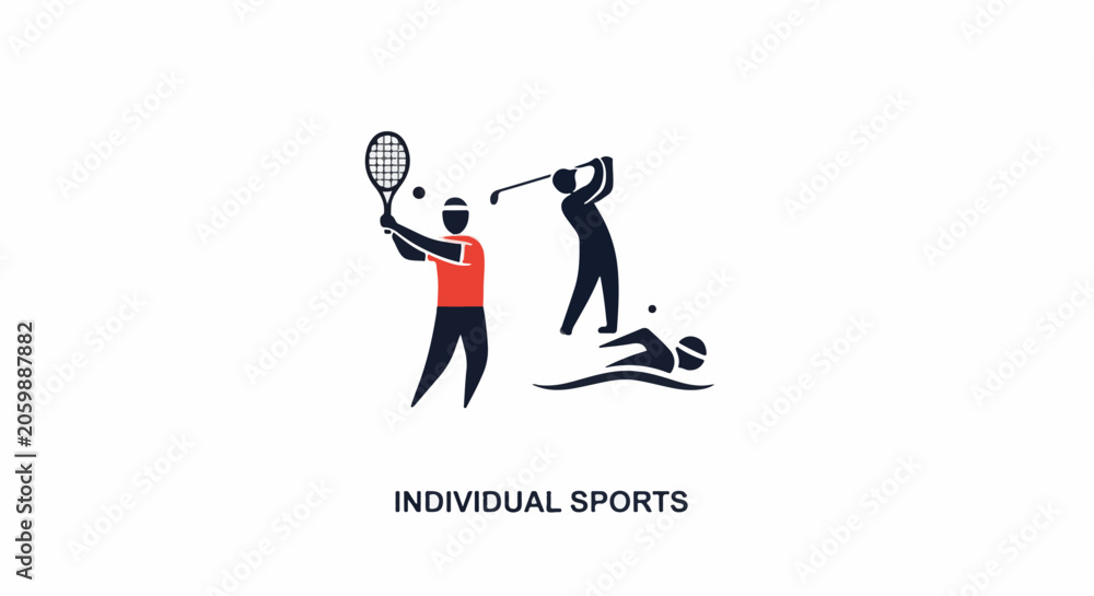 Fototapeta premium Stylized figures engage in tennis, golf, and swimming, representing individual sports