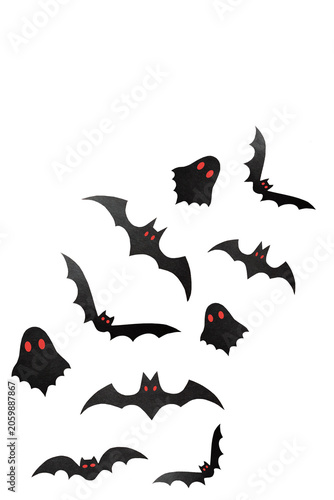 Halloween decorations, paper bats and ghosts. PNG, isolated on transparent background. Halloween party greeting card mockup with copy space. Happy halloween holiday concept