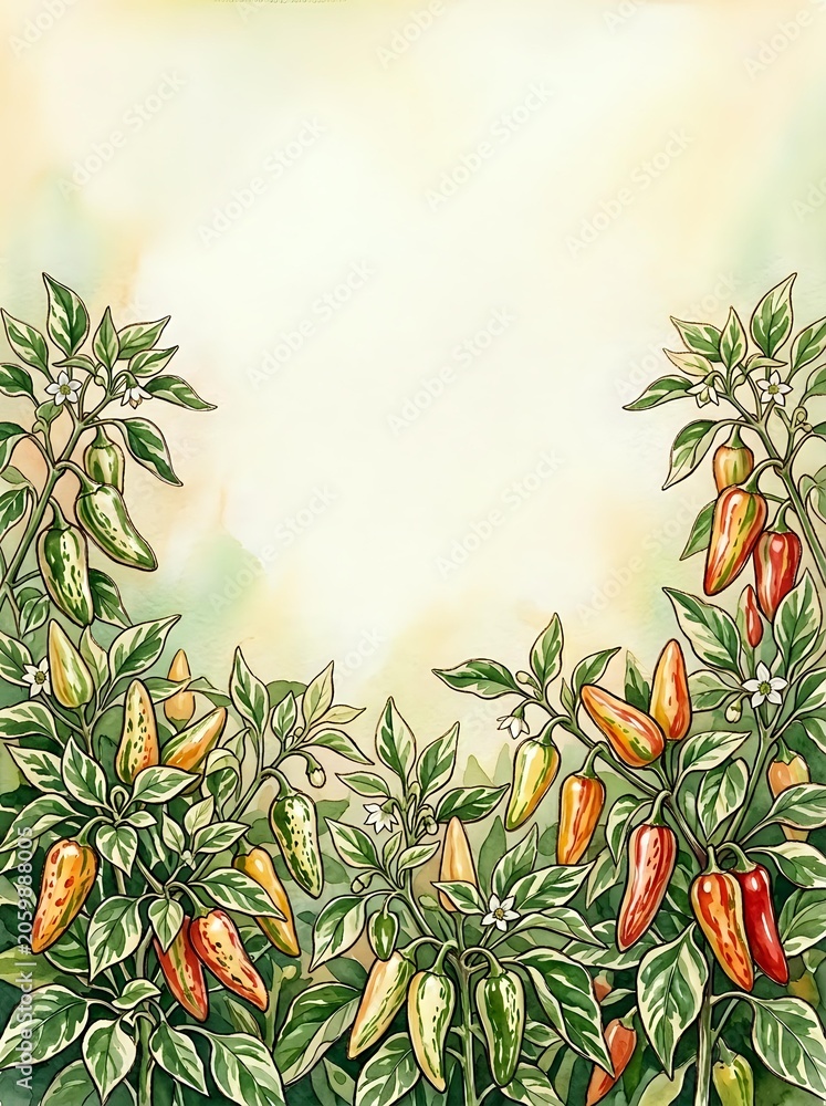 Obraz premium Chili pepper plants with ripe red and yellow pods arranged in botanical frame on cream background, suitable for culinary, gardening, and agricultural design projects.