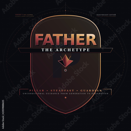 Stylized Father Archetype Shield with Orange Red Gradient Accents on Dark Background