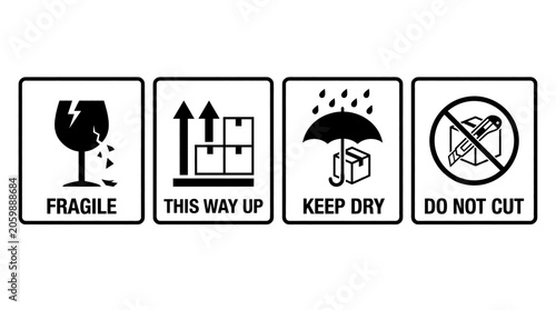 Packaging handling warning icons featuring breakable glass