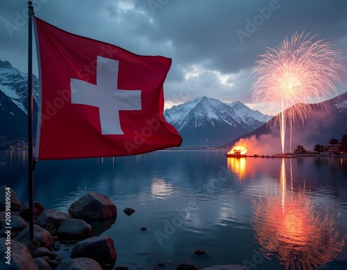 Swiss Flag Over Lake Geneva at Sunset, Copy Space for Travel Industry Advertising
