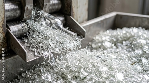 Glass recycling process at a facility where bottles are crushed and sorted in a machine