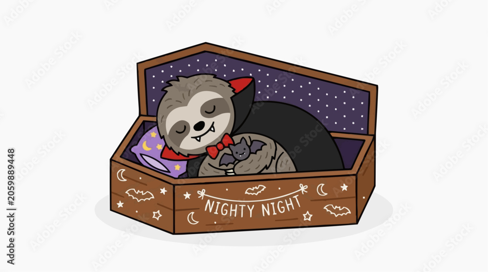 Fototapeta premium Cute vampire sloth sleeping peacefully in a coffin with a bat plushie and nighty night message
