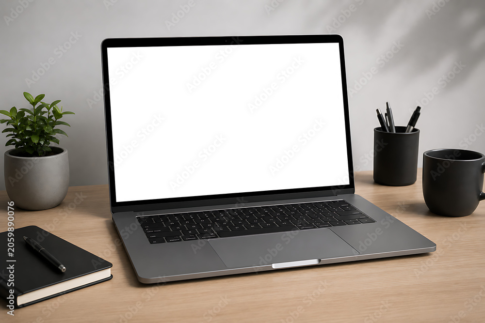 Fototapeta premium Modern laptop mockup on minimalist workspace desk