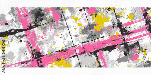 Abstract illustration featuring vibrant pink, yellow, and gray splashes with intersecting lines creating a dynamic pattern on a white background