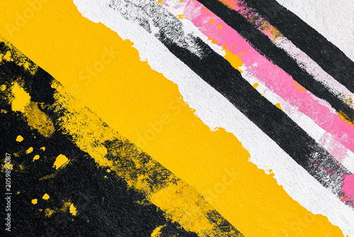 Abstract painting featuring bold strokes of yellow, black, pink, and white on textured canvas, showcasing vibrant colors and dynamic patterns in a contemporary art style
