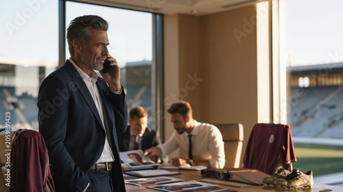 Sporting director handles a tense transfer phone call in a modern stadium office while staff review scouting folders, player photos and contract.