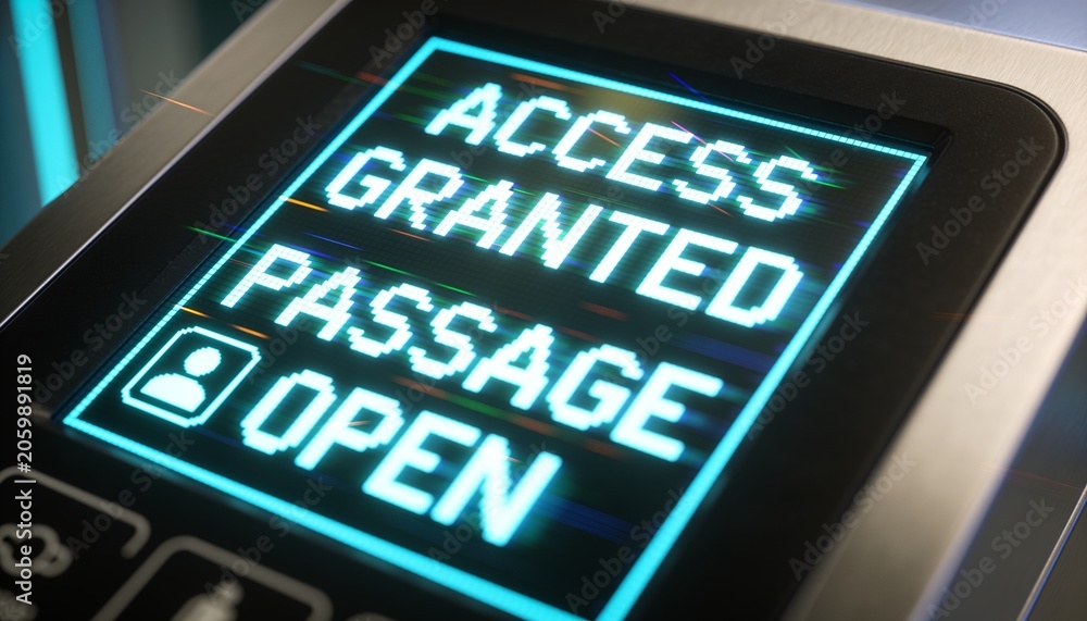 Obraz premium Glowing touchscreen panel showing pixelated ACCESS GRANTED text at office door with person icon