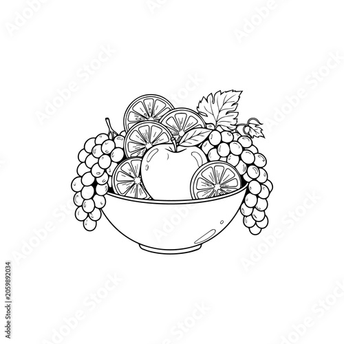 Illustration of a fruit bowl filled with apples oranges grapes, orange slices