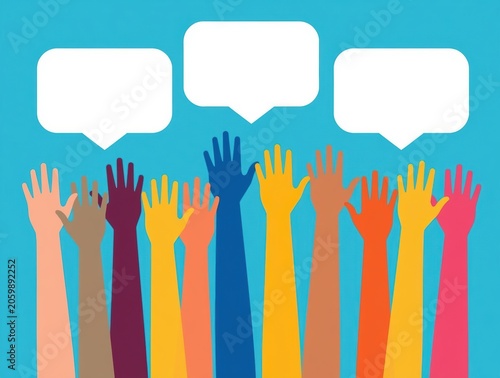 Many colorful hands raised up in the air with empty speech bubbles for communication
