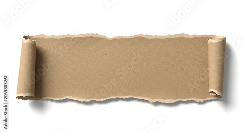 Torn brown paper scroll banner with cardboard parchment packaging isolated