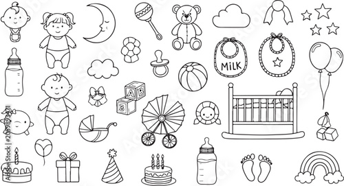 Hand Drawn Baby Newborn Doodle Set Cute Nursery Vector Collection