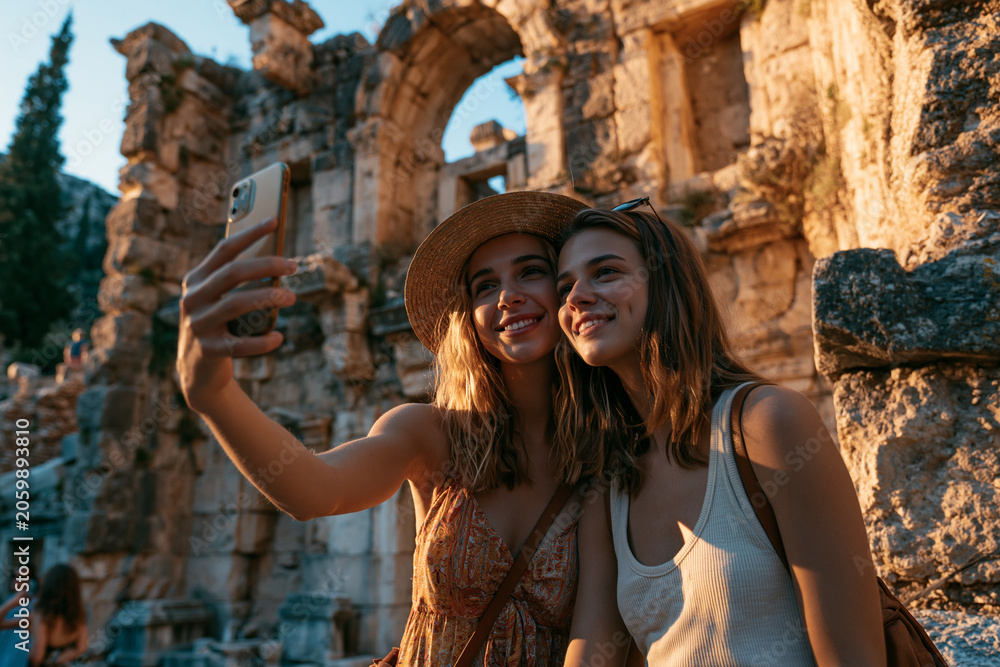 Fototapeta premium Young travelers explore ancient ruins using augmented reality at sunset