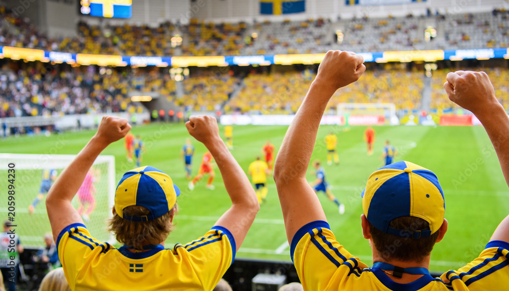 Fototapeta premium Cheering two male fans wearing yellow jerseys and caps, raising arms at stadium goal and goalkeeper