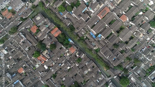 Aerial view of historic residential neighborhood of old water town of Suzhou, tourism and travel China
