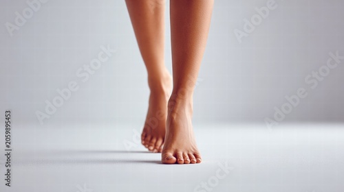 Bare feet walking forward on a neutral background