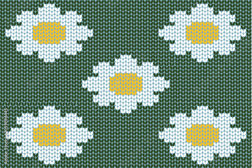 Daisy knitting pattern. Daisy flower and green background.