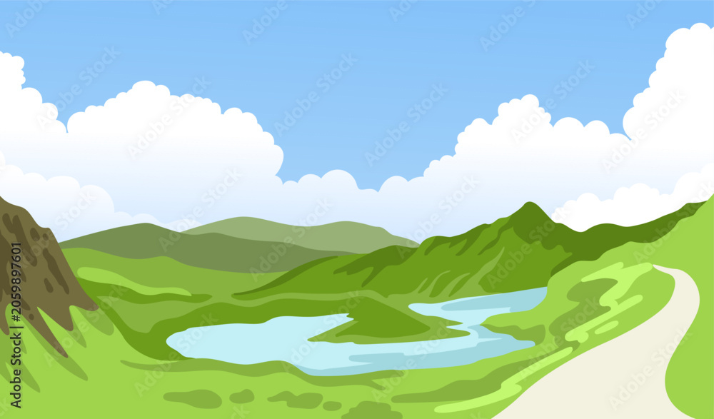 Obraz premium Mountain lake landscape. Mountain river scenic view. Winding path. Isolated cartoon vector illustration.
