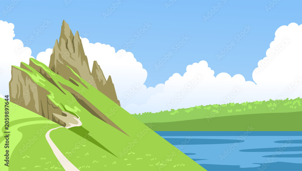Obraz premium Mountain peak with a winding path leading upward. Scenic natural landscape view. Isolated cartoon vector illustration.