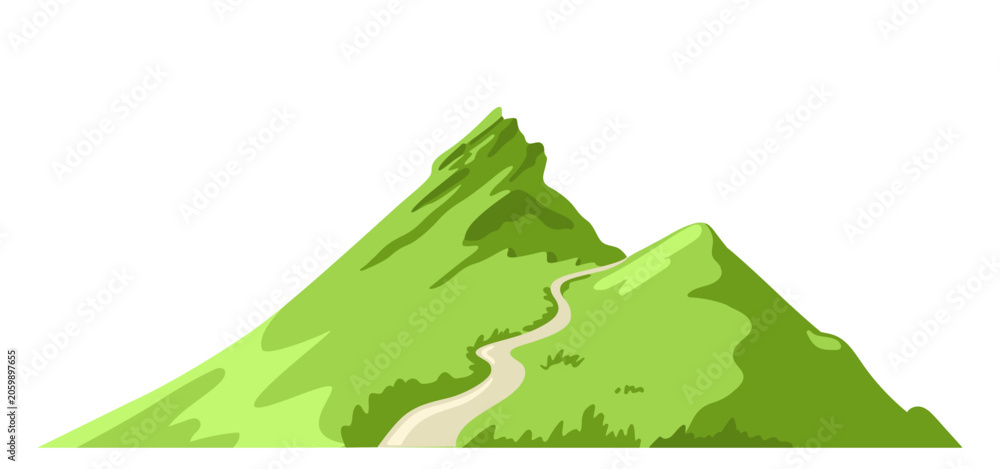 Obraz premium Green mountain with winding path. Isolated hand drawn vector illustration. Landscape element. Nature scenery.