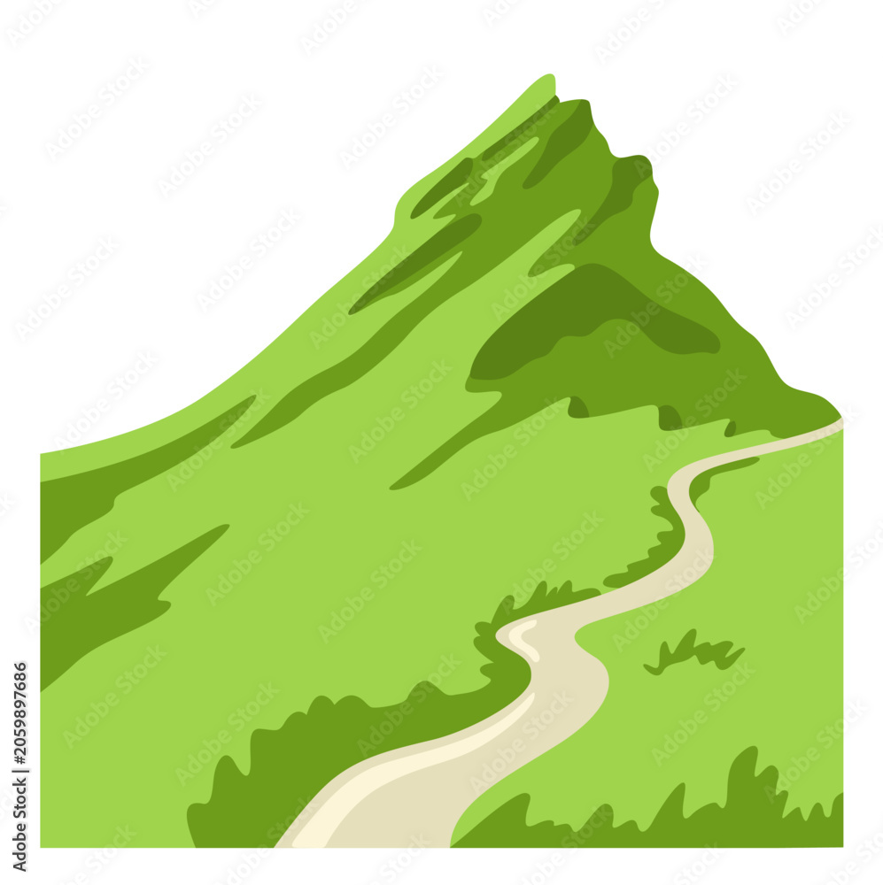 Fototapeta premium Green mountain with winding path. Isolated hand drawn vector illustration. Landscape element. Nature scenery.
