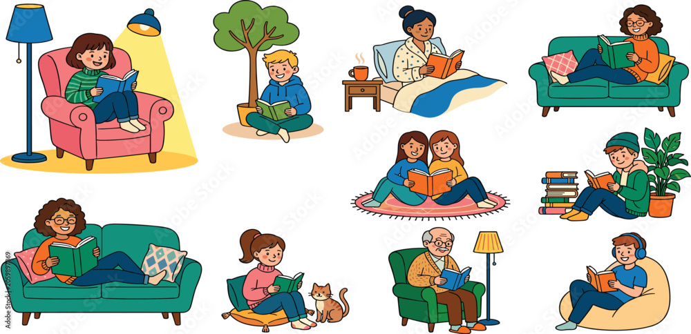 Fototapeta premium People reading books vector sticker set featuring cartoon characters enjoying literature on sofas in bed armchairs bean bag and with pets