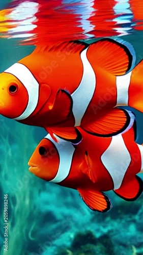 Clownfish Pair Swimming Near Sea Anemone