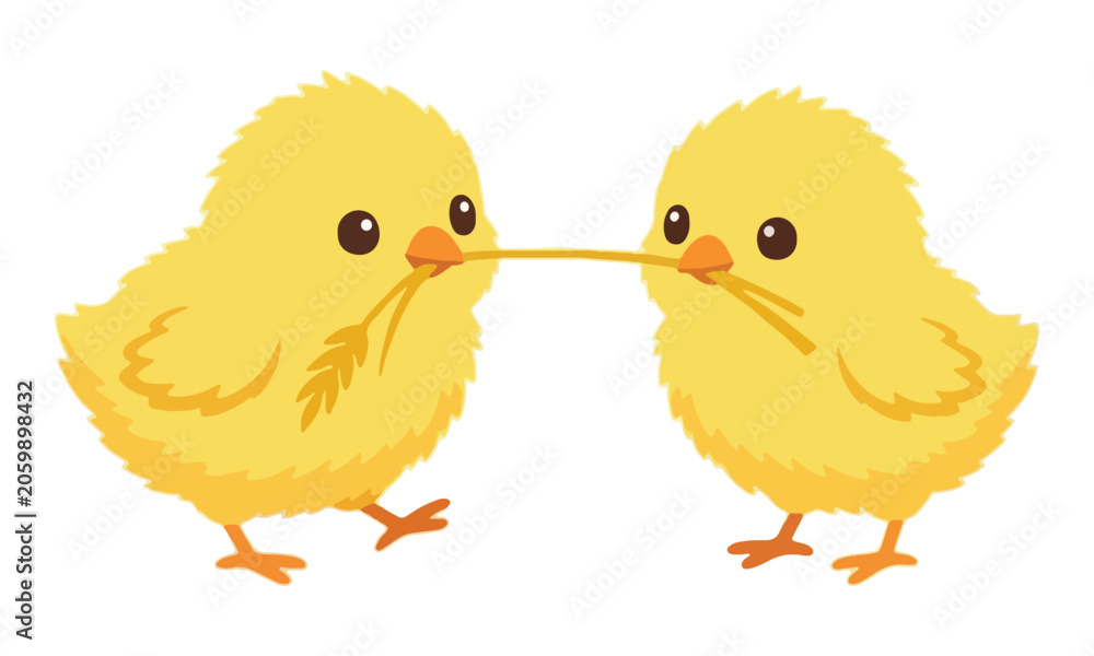 Naklejka premium Two yellow chicks sharing wheat stalk on white background