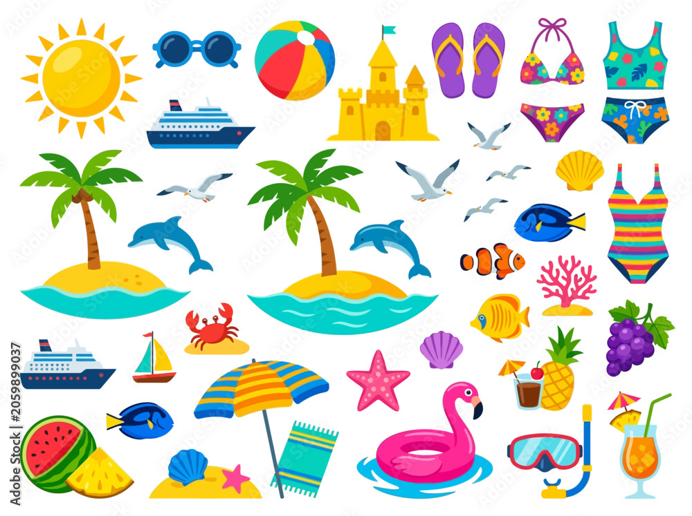 Fototapeta premium A collection of vibrant summer vacation beach icons featuring palm trees, tropical fish, cruise ships, swimwear, and refreshing cocktails isolated on a white background for design projects.
