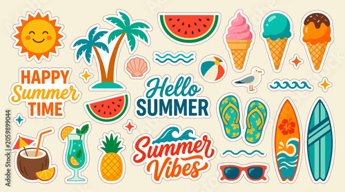 Fotografi Colorful Summer Sticker Collection featuring sun, palm trees, surfboards, ice cream, watermelon, and tropical cocktails