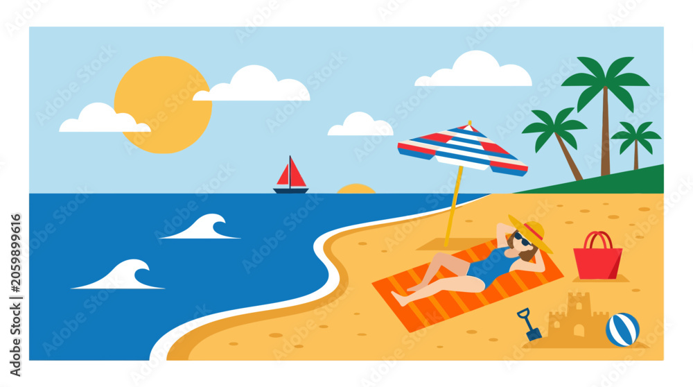 Obraz premium Relaxing Woman Sunbathing on Tropical Beach with Palm Trees and Ocean Waves