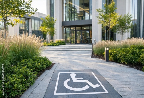 Wheelchair access symbol marking accessible pathway leading to modern building entrance surrounded by landscaped greenery, lighting, urban architecture, promoting inclusive public accessibility design