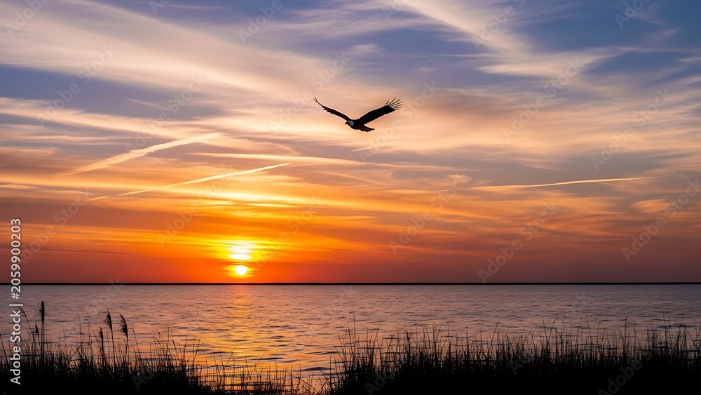 Fototapeta premium Majestic Eagle Soars Over Serene Ocean at Golden Sunset.
