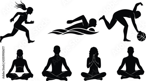 Silhouette icons of people engaging in sports and meditation