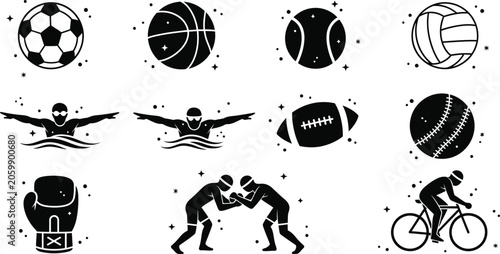 Sports icons set soccer basketball swimming wrestling cycling and ball sports