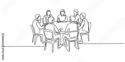 Group of business people sitting at a meeting table continuous line drawing