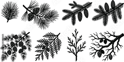 Konstfotografi Black and white woodcut style vector illustration set of coniferous tree branche