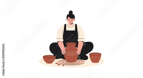 Woman crafting handmade clay pot on pottery wheel